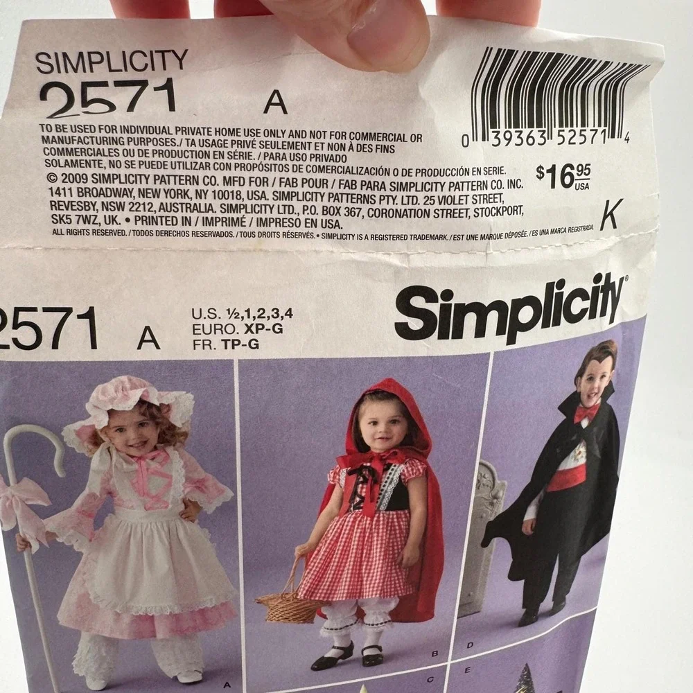 Simplicity 2571 Toddler Costume Sewing Pattern Bo Peep Red Riding Hood Vampire
